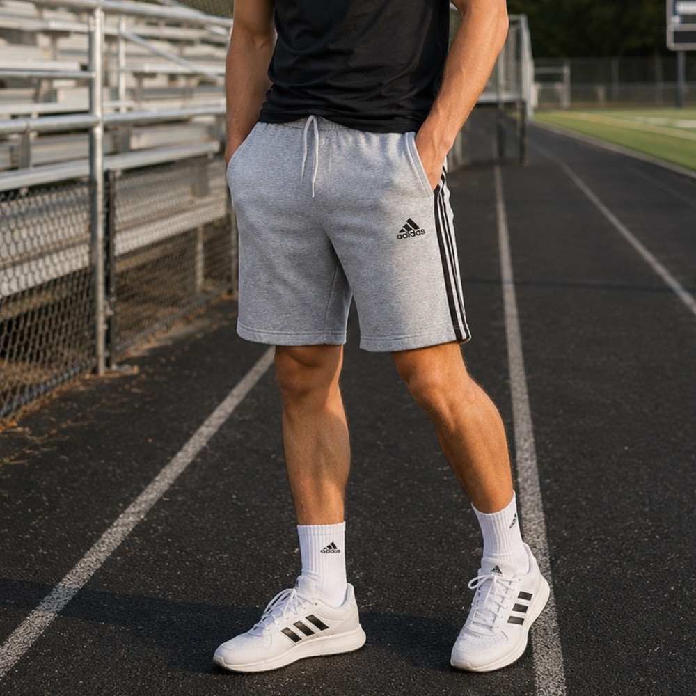 ADIDAS | Gray Athletic Shorts Men’s Cotton Blend 3-Stripe Drawstring- Size Small